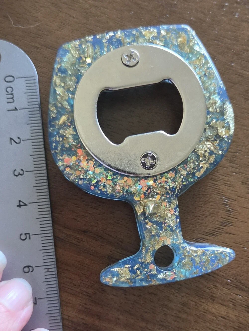 Handmade Resin Bottle Opener – Blue/Gold  Glitter Wine Glass